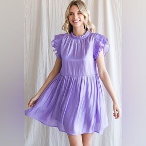 HUDSON GRAY Lavender Satin Ruffle Sleeve Mini Dress, size small.